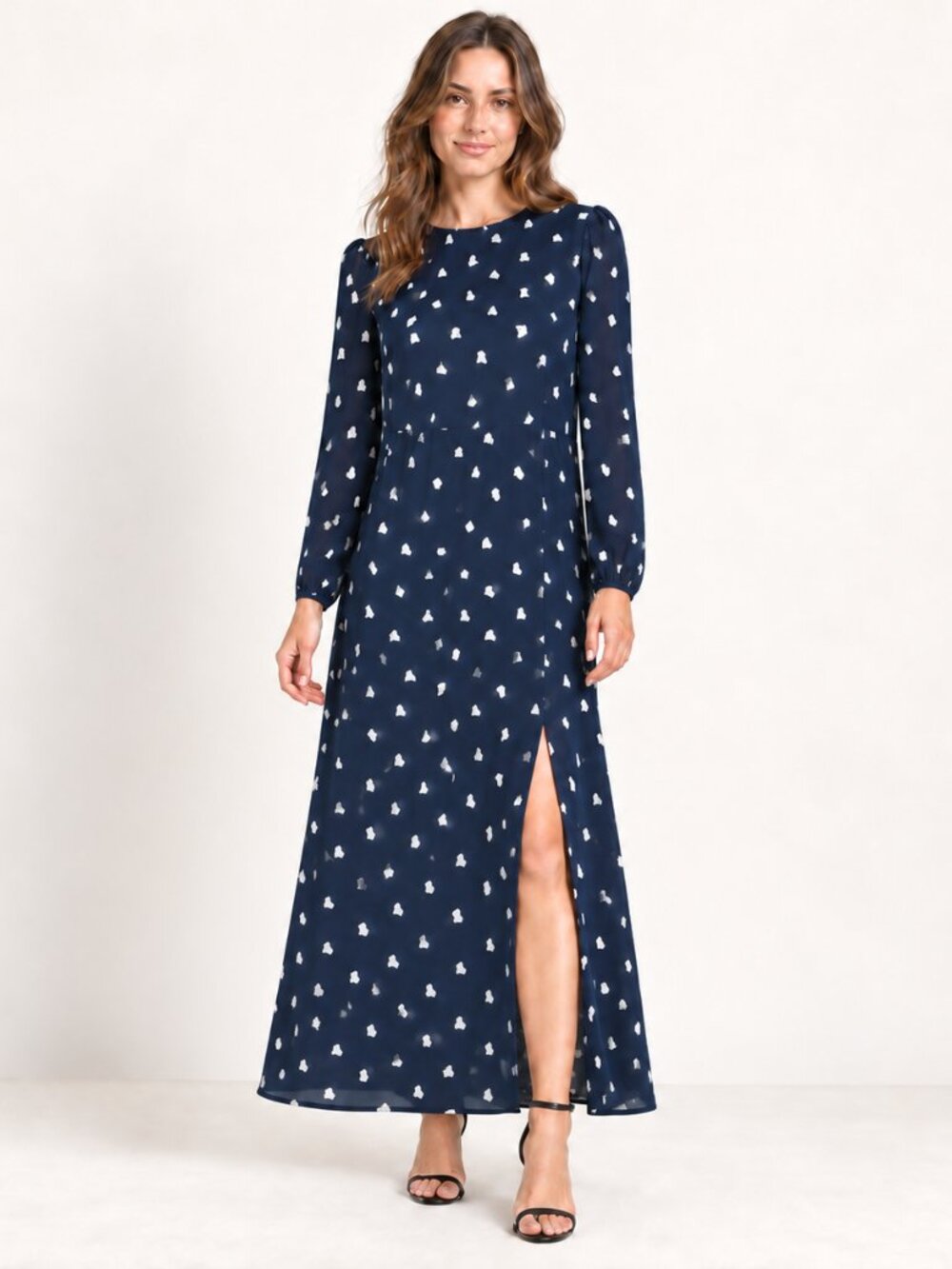 Reformation Dress Navy Blue Fan Print Puff Long Sleeve Maxi Size 10